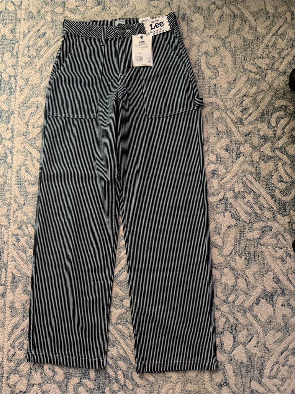 Kacey Lee Women’s Navy and White Pinstripe Cargo Jeans